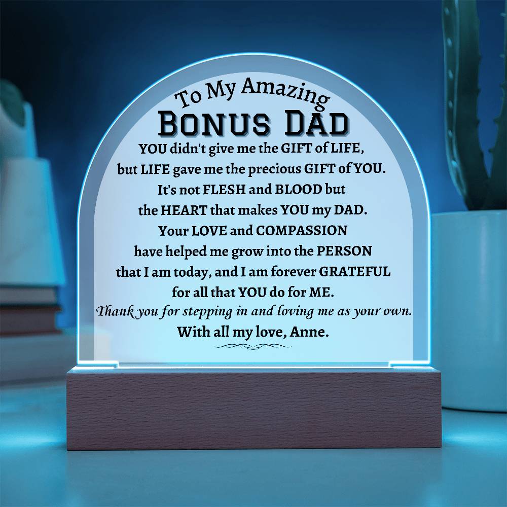 Printed Acrylic Dome Plaque with LED, gift for Bonus Dad on Father's Day, his birthday, Christmas, thanksgiving