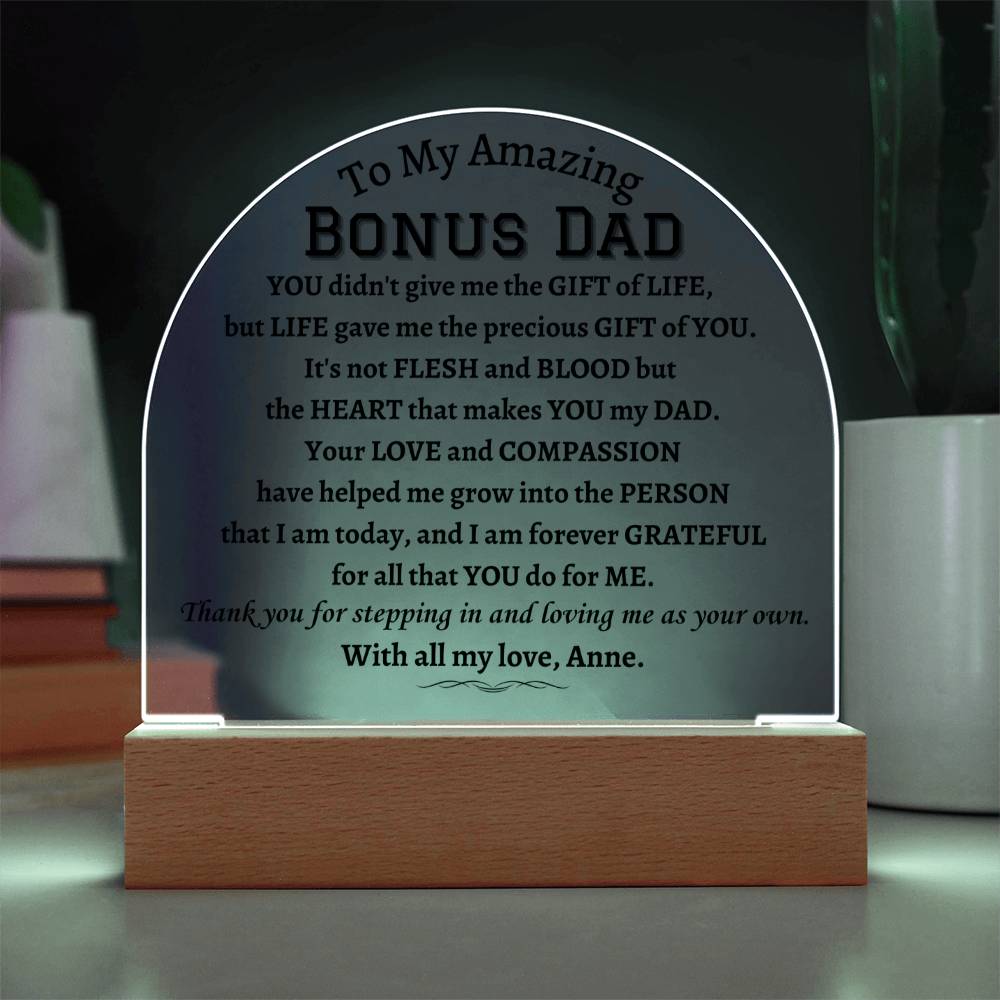 Printed Acrylic Dome Plaque with LED, gift for Bonus Dad on Father's Day, his birthday, Christmas, thanksgiving