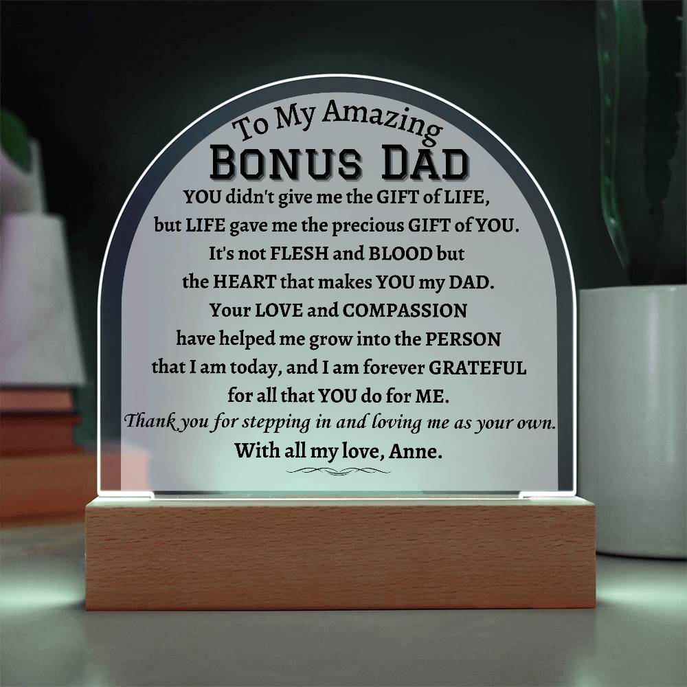 Printed Acrylic Dome Plaque with LED, gift for Bonus Dad on Father's Day, his birthday, Christmas, thanksgiving