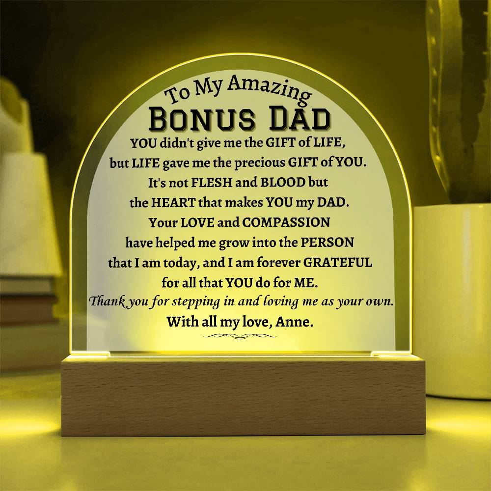 Printed Acrylic Dome Plaque with LED, gift for Bonus Dad on Father's Day, his birthday, Christmas, thanksgiving