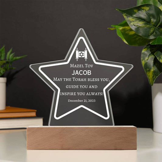 Printed Star Acrylic Plaque with LED,  Bar Mitzvah Gift Necklace for Boy