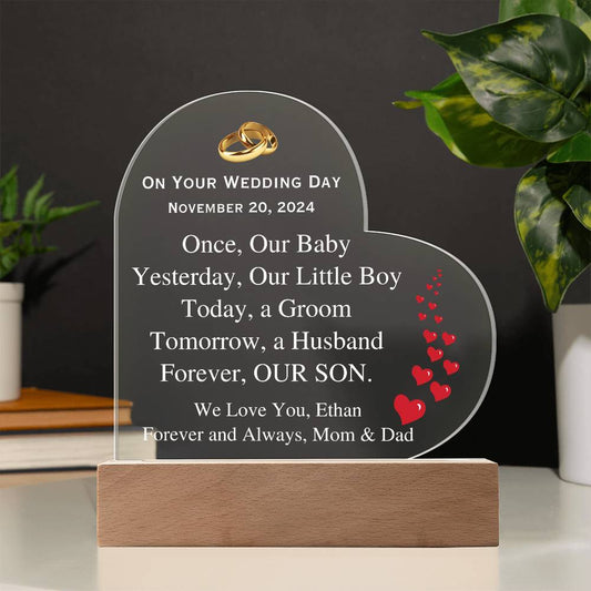 Printed Heart Acrylic Plaque, gift for Son on his wedding day