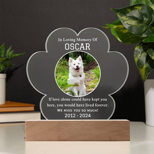 Printed Paw Acrylic Plaque with LED, pet memorial gift