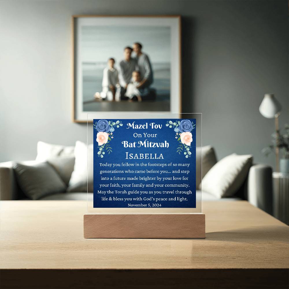 Printed Square Acrylic Plaque, Bat Mitzvah Gift, Mazel Tov Gift for Bat Mitzvah for Girl