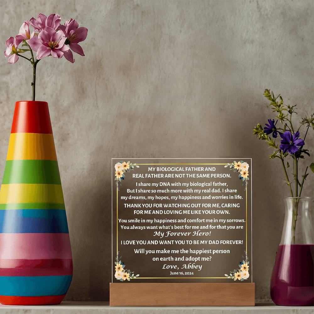 Printed Square Acrylic Plaque with LED, gift for step dad, step father, will you adopt me?