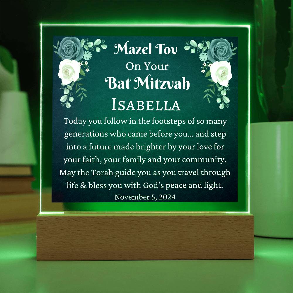 Printed Square Acrylic Plaque, Bat Mitzvah Gift, Mazel Tov Gift for Bat Mitzvah for Girl