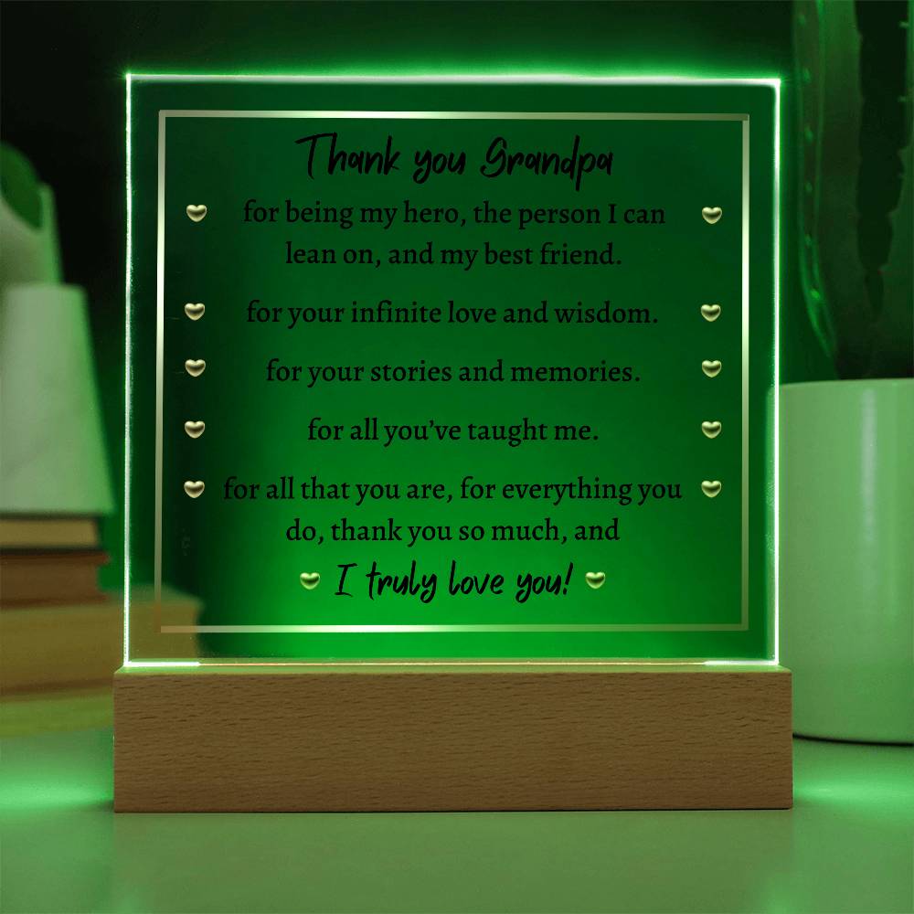 Printed Square Acrylic Plaque with LED, gift for Grandpa, Grandfather, Granddad on Father's Day, his birthday, Thanksgiving, Christmas