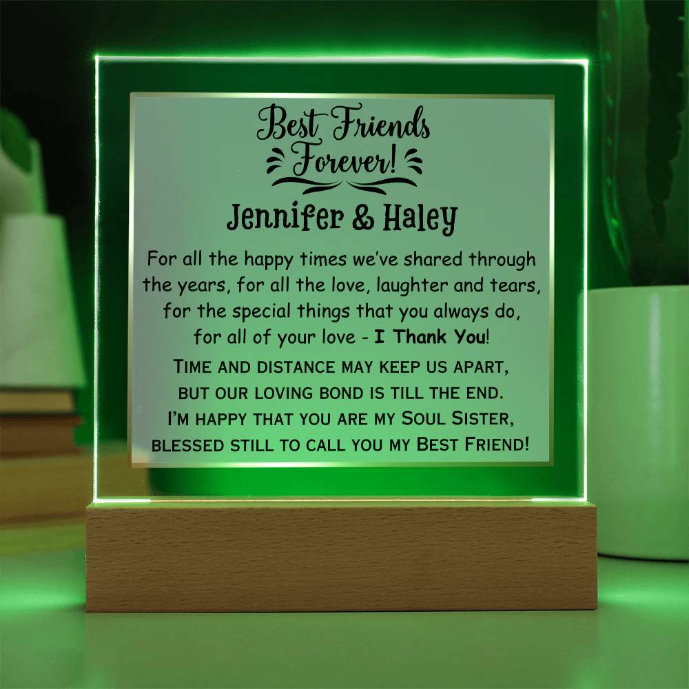 Printed Square Acrylic Plaque with LED, gift for best friend, soul sister, on her birthday, thanksgiving, Christmas