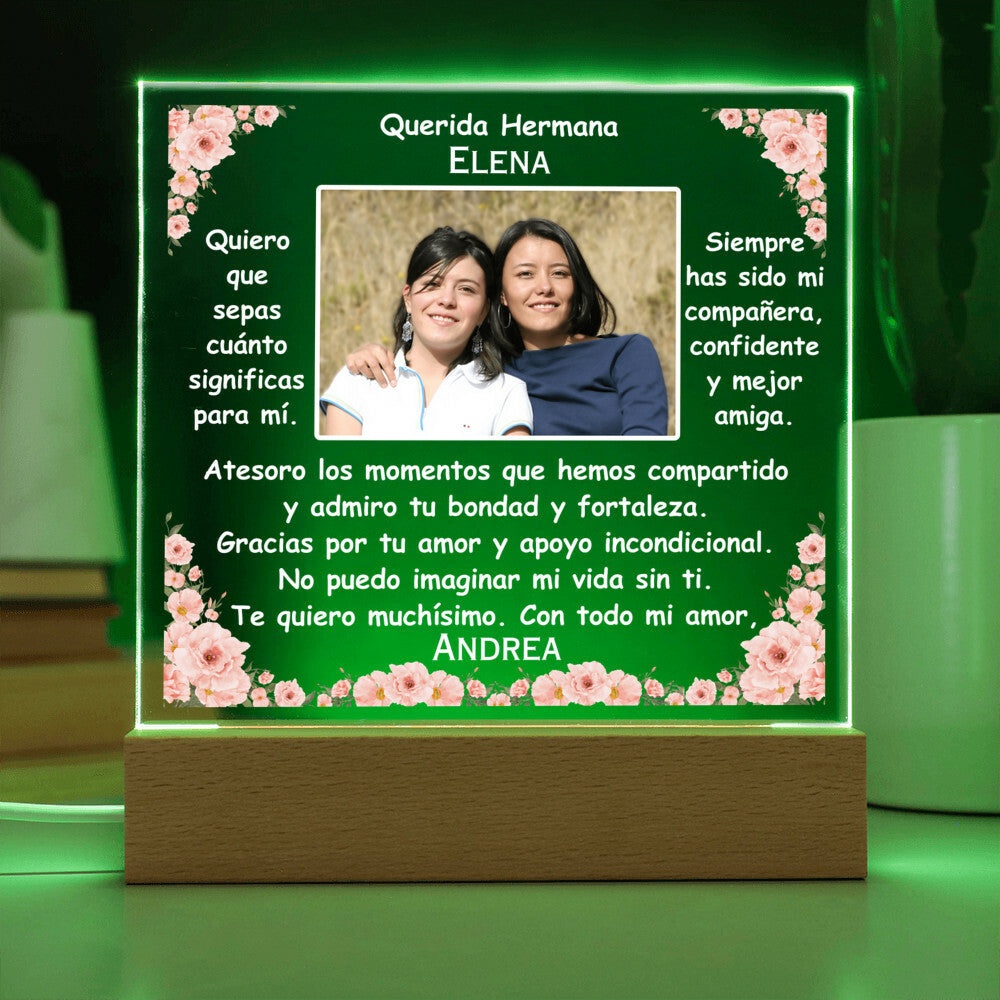 Printed Square Acrylic Plaque with LED, gift for sister, regalo para hermana, spanish sister