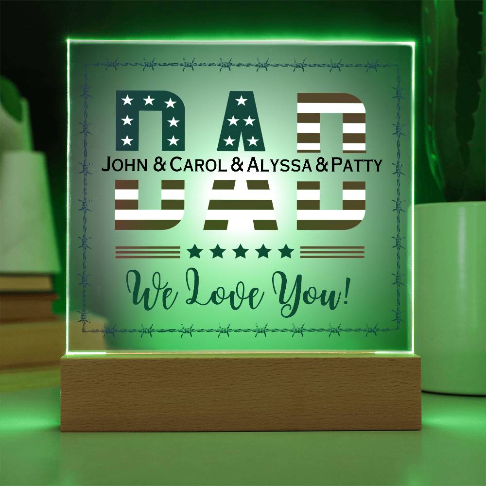 Printed Square Acrylic Plaque with LED, gift for Dad, Father, on Father's Day, his birthday, 4th of July, Veteran's Day