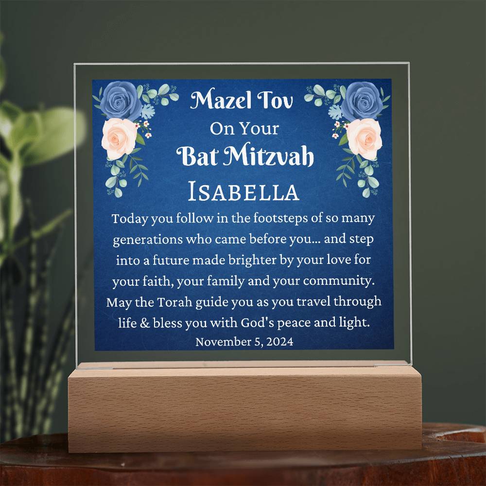 Printed Square Acrylic Plaque, Bat Mitzvah Gift, Mazel Tov Gift for Bat Mitzvah for Girl