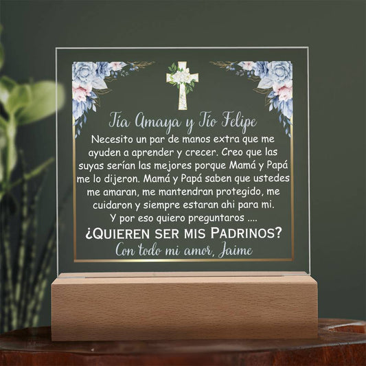 Printed Acrylic Square Plaque with LED, Placa Acrílica Cuadrada Impresa, propuesta de bautismo para los padrinos, Baptism proposal gift