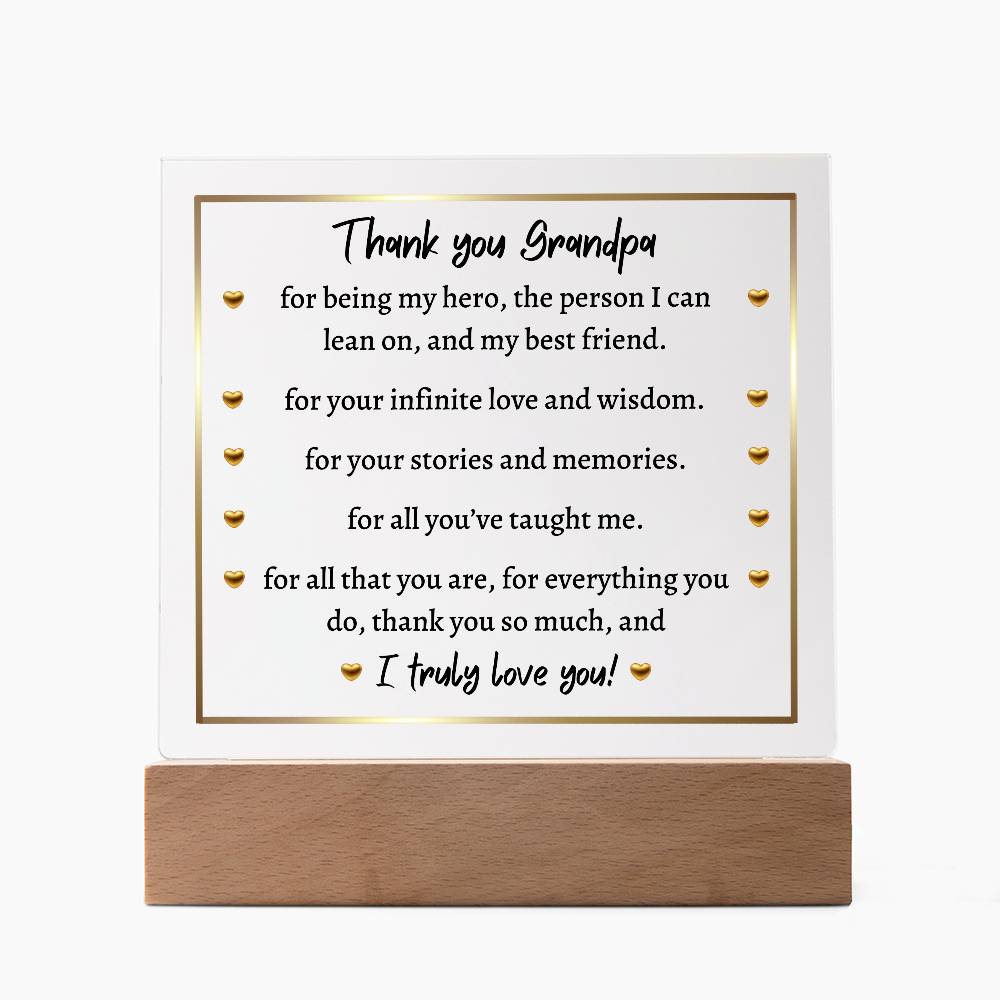 Printed Square Acrylic Plaque with LED, gift for Grandpa, Grandfather, Granddad on Father's Day, his birthday, Thanksgiving, Christmas