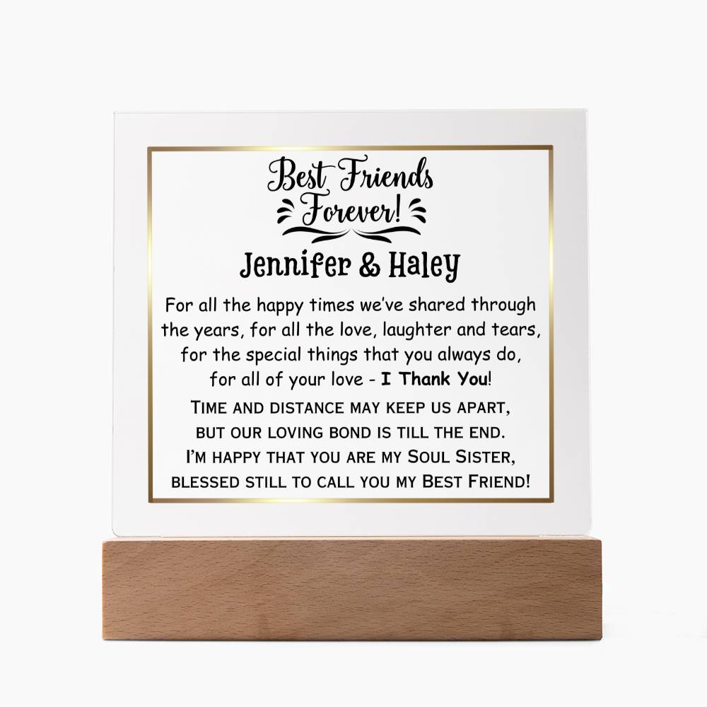 Printed Square Acrylic Plaque with LED, gift for best friend, soul sister, on her birthday, thanksgiving, Christmas