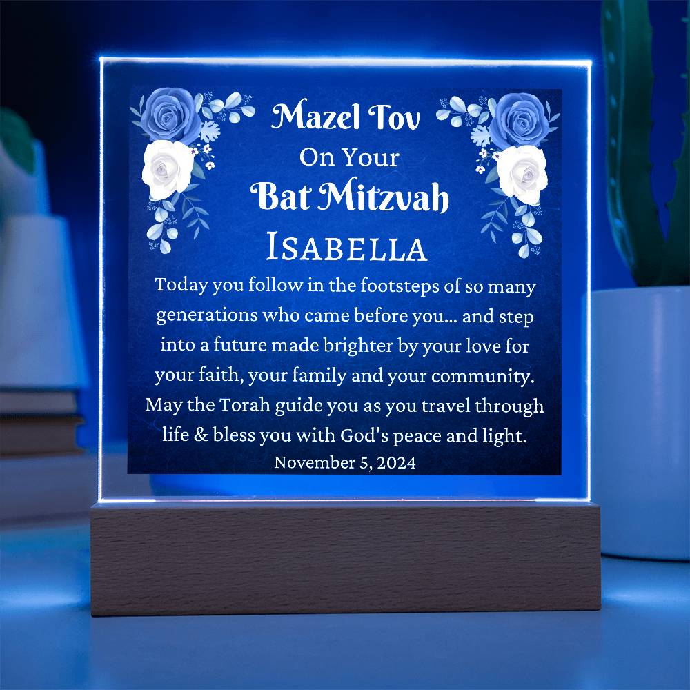 Printed Square Acrylic Plaque, Bat Mitzvah Gift, Mazel Tov Gift for Bat Mitzvah for Girl