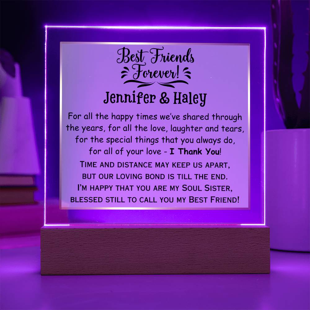 Printed Square Acrylic Plaque with LED, gift for best friend, soul sister, on her birthday, thanksgiving, Christmas