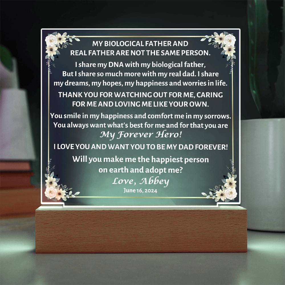 Printed Square Acrylic Plaque with LED, gift for step dad, step father, will you adopt me?