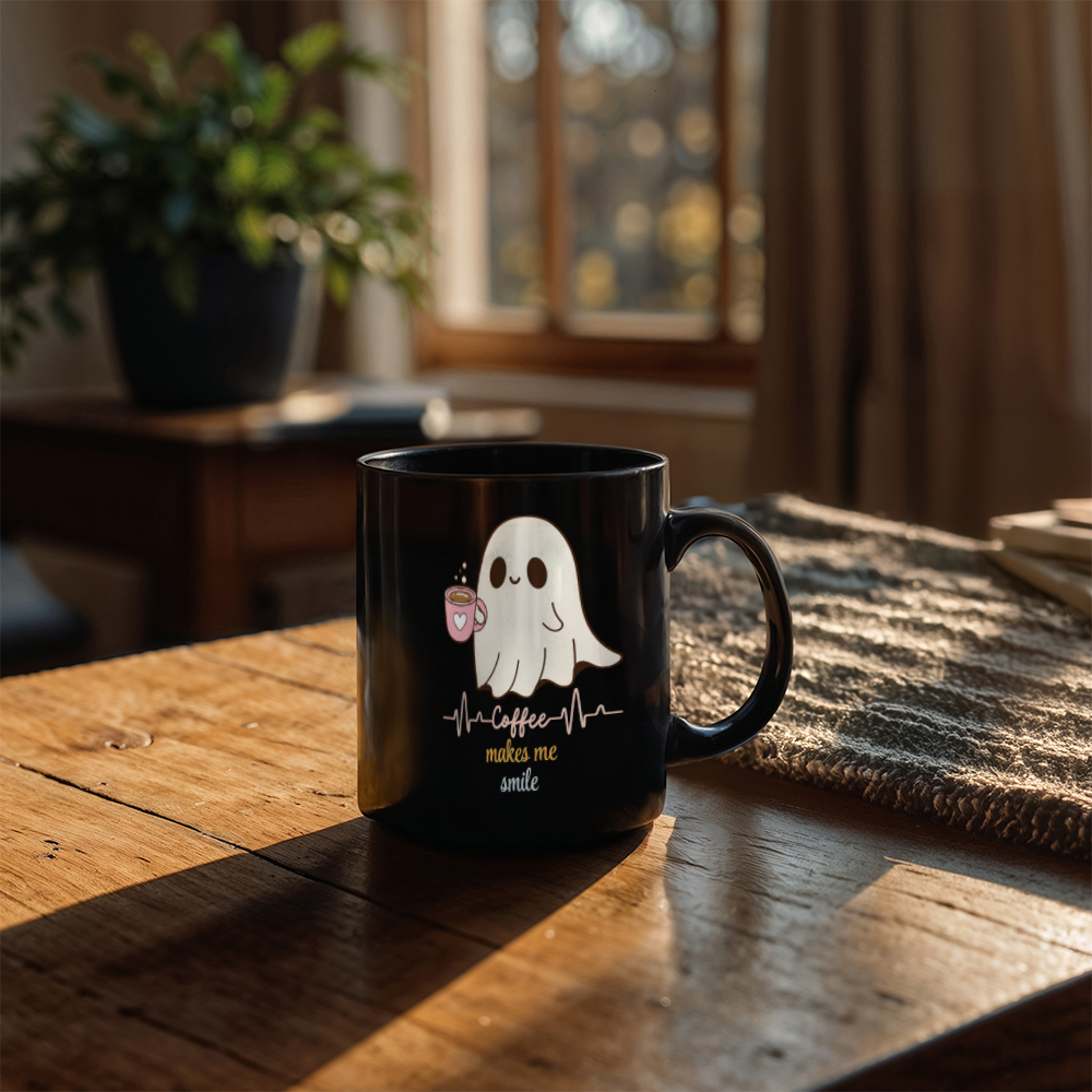 Black Ceramic Mug, Coffee and Book Lovers Halloween themed mug