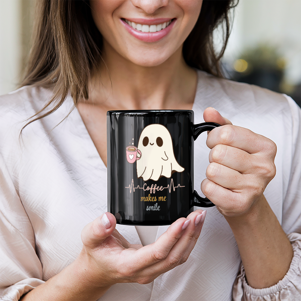 Black Ceramic Mug, Coffee and Book Lovers Halloween themed mug