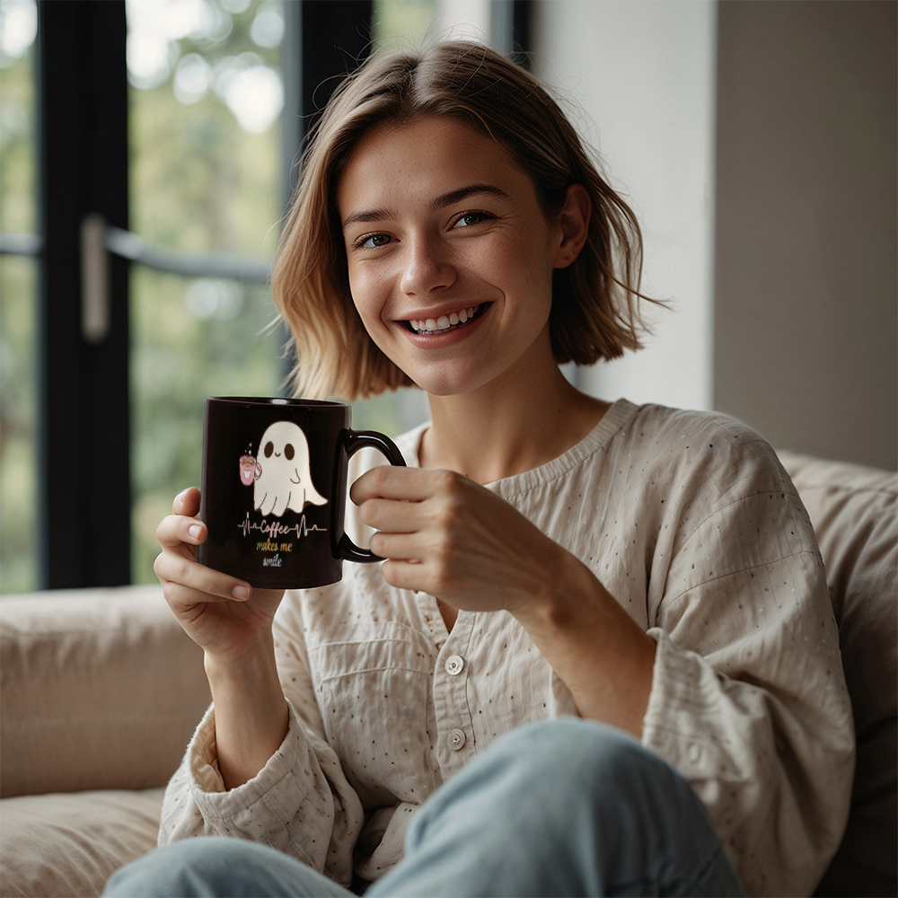 Black Ceramic Mug, Coffee and Book Lovers Halloween themed mug