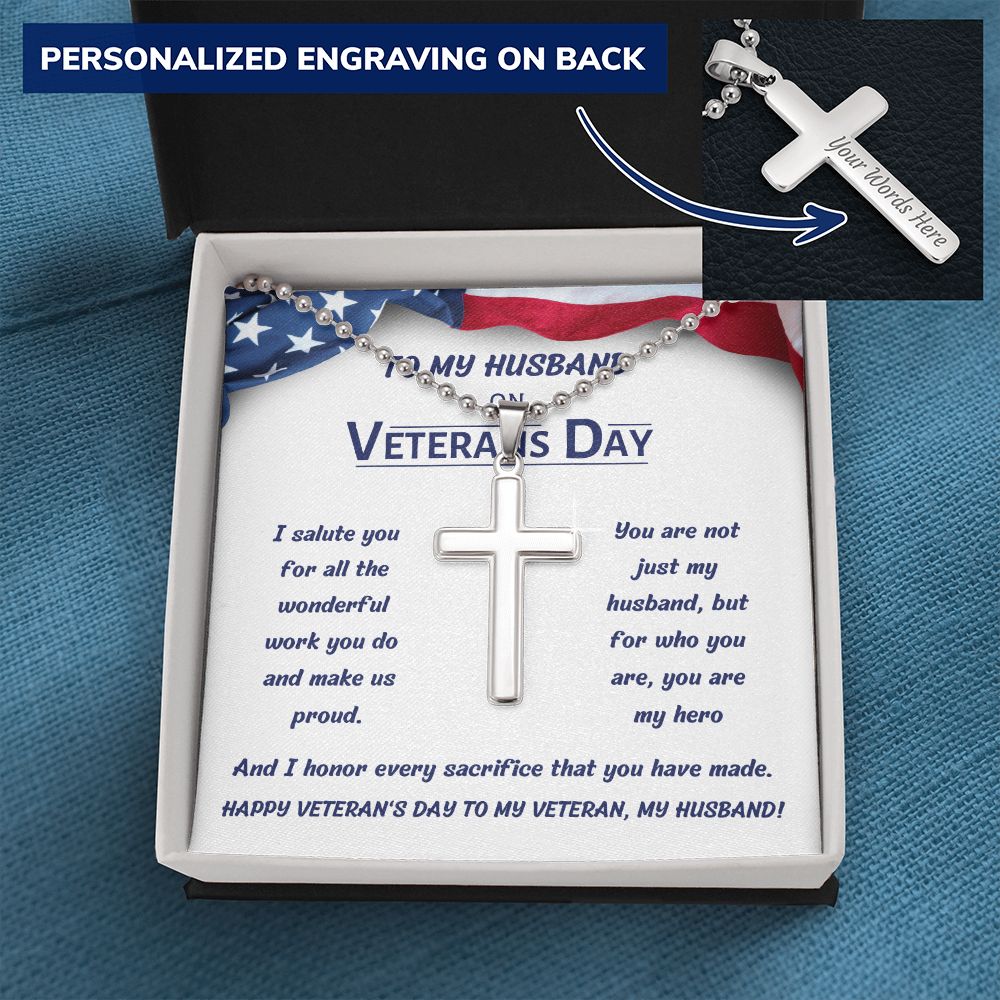 Personalized Stainless Steel Cross Necklace with Engraving, gift for husband on Veteran's Day