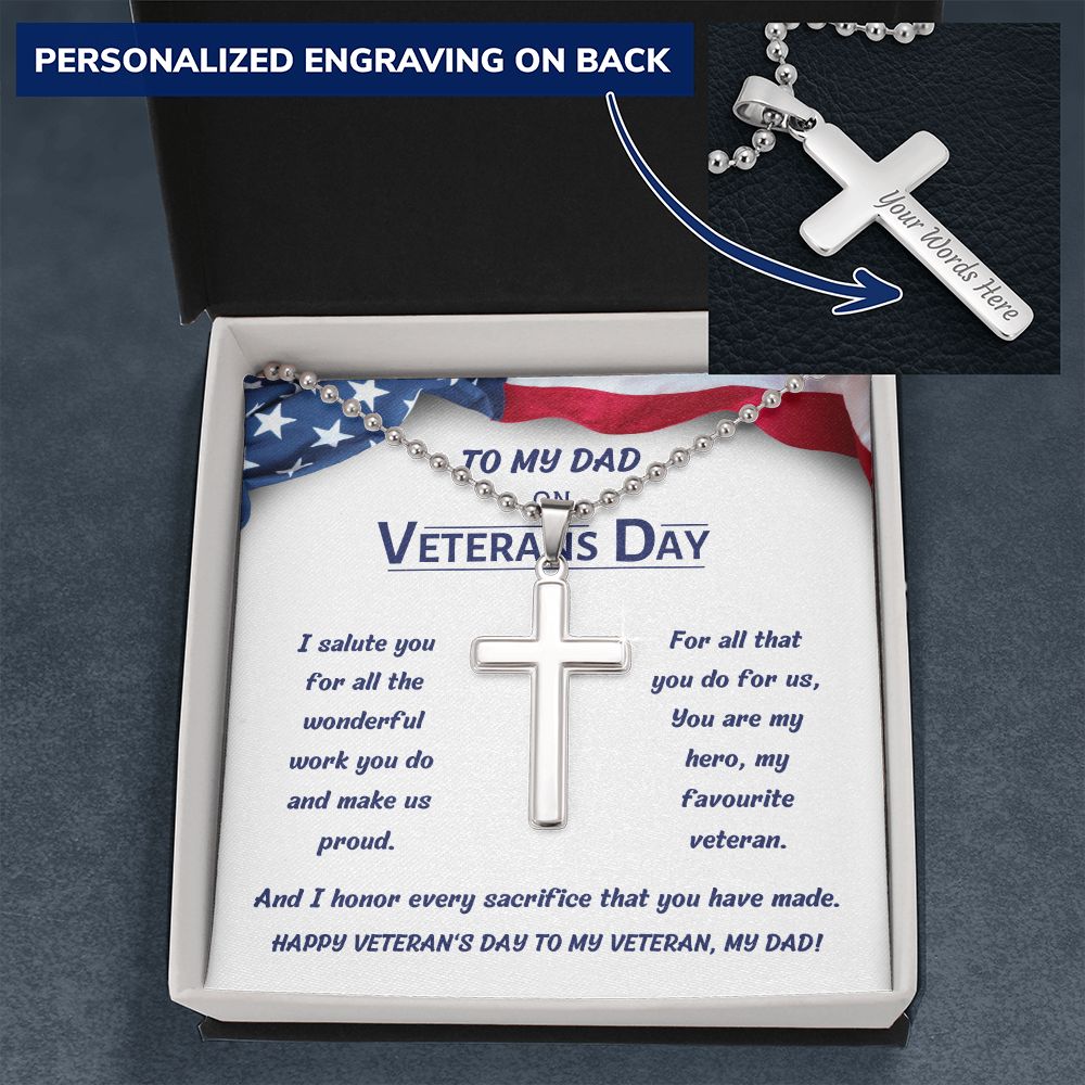 Personalized Stainless Steel Cross Necklace with Engraving, gift for dad on Veteran's Day