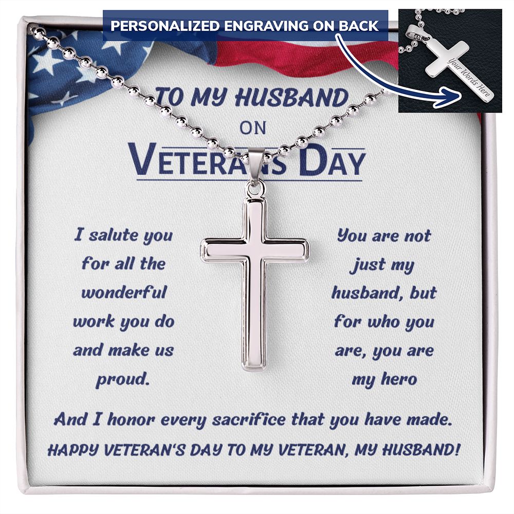 Personalized Stainless Steel Cross Necklace with Engraving, gift for husband on Veteran's Day