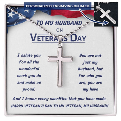 Personalized Stainless Steel Cross Necklace with Engraving, gift for husband on Veteran's Day