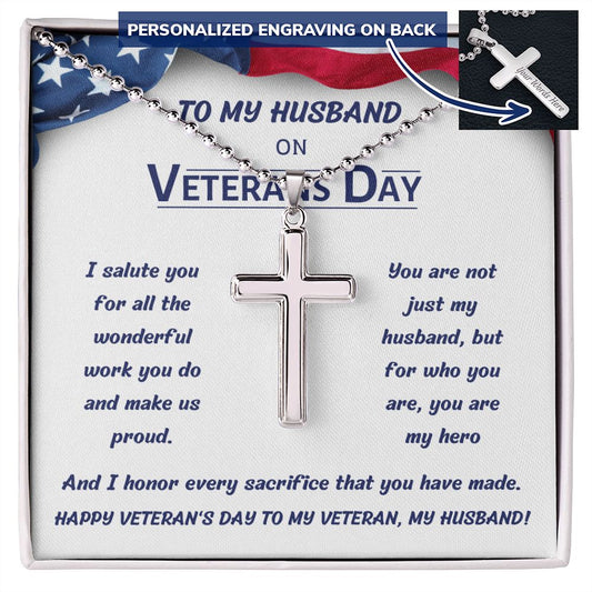 Personalized Stainless Steel Cross Necklace with Engraving, gift for husband on Veteran's Day