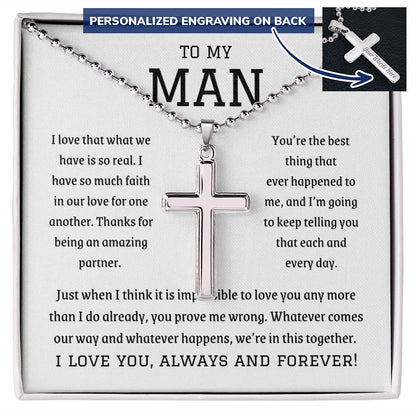 Personalized cross with Ball chain and message card, gift for My Man, boyfriend, fiance, husband, for his birthday, Valentines day, Thanksgiving day