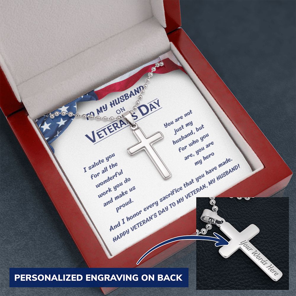 Personalized Stainless Steel Cross Necklace with Engraving, gift for husband on Veteran's Day