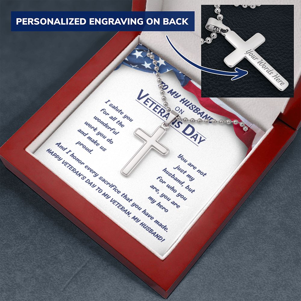 Personalized Stainless Steel Cross Necklace with Engraving, gift for husband on Veteran's Day