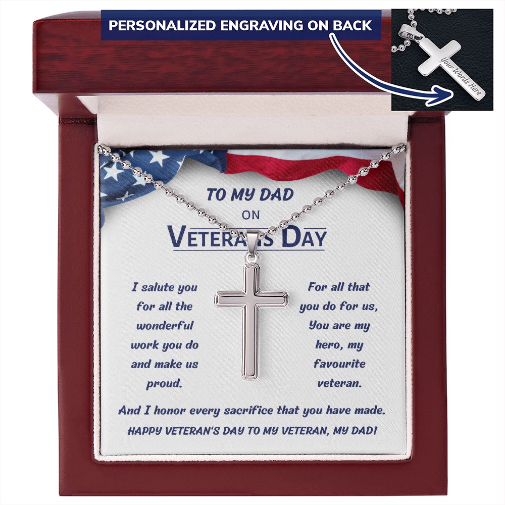 Personalized Stainless Steel Cross Necklace with Engraving, gift for dad on Veteran's Day