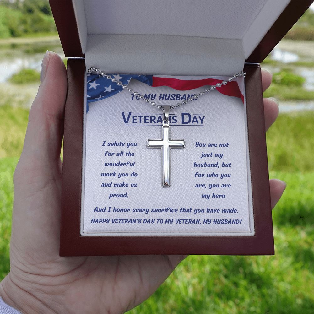 Personalized Stainless Steel Cross Necklace with Engraving, gift for husband on Veteran's Day