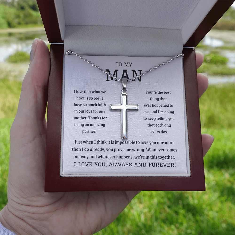 Personalized cross with Ball chain and message card, gift for My Man, boyfriend, fiance, husband, for his birthday, Valentines day, Thanksgiving day