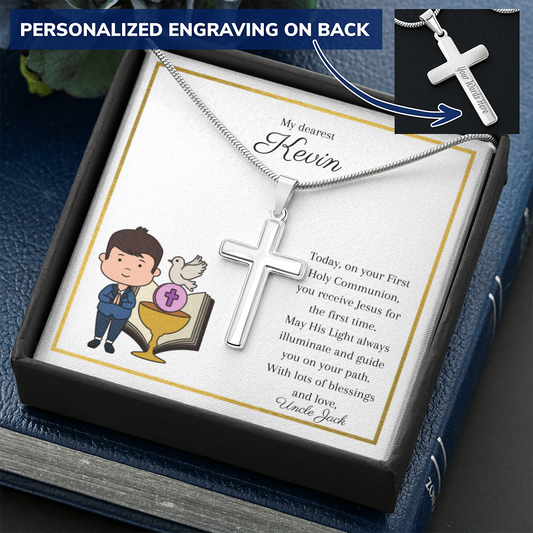 Personalized Cross Necklace, First Holy Communion Gifts For Boy, Godson, Grandson