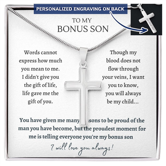 Personalized Engraved Cross Necklace, gift for bonus son for his Birthday, Thanksgiving, Christmas