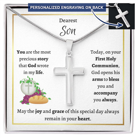 Personalized Stainless Steel Cross, First Communion gift for Son.