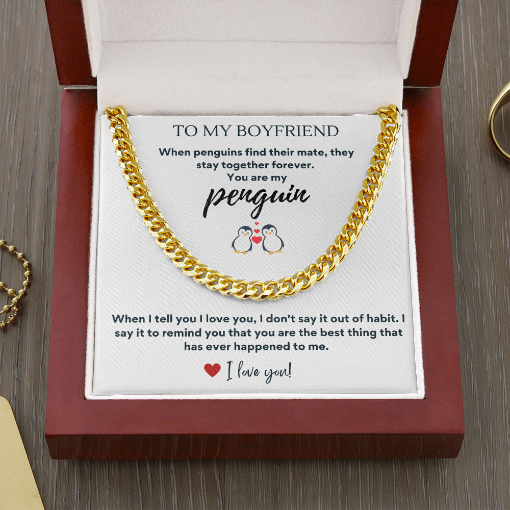 To My Boyfriend Cuban Chain Necklace, Christmas Gift for Boyfriend, Unique Anniversary Gift for Boyfriend, Boyfriend Birthday, Penguin couple, Penguin love