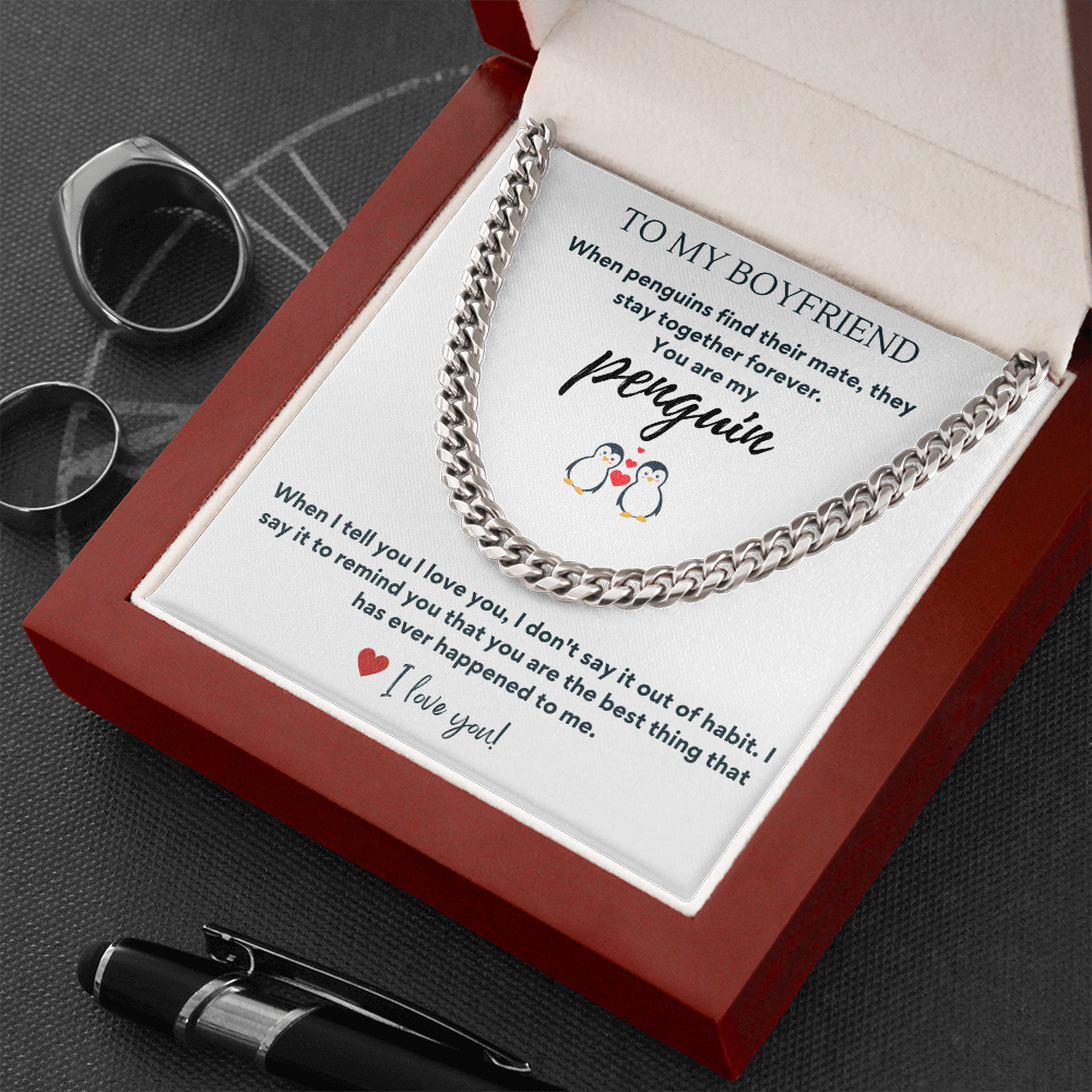 To My Boyfriend Cuban Chain Necklace, Christmas Gift for Boyfriend, Unique Anniversary Gift for Boyfriend, Boyfriend Birthday, Penguin couple, Penguin love
