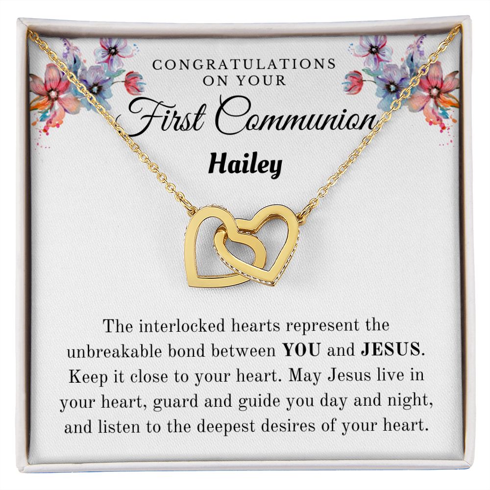 Interlocking hearts necklace, First Communion gift for girl, daughter, goddaughter, granddaughter, niece.