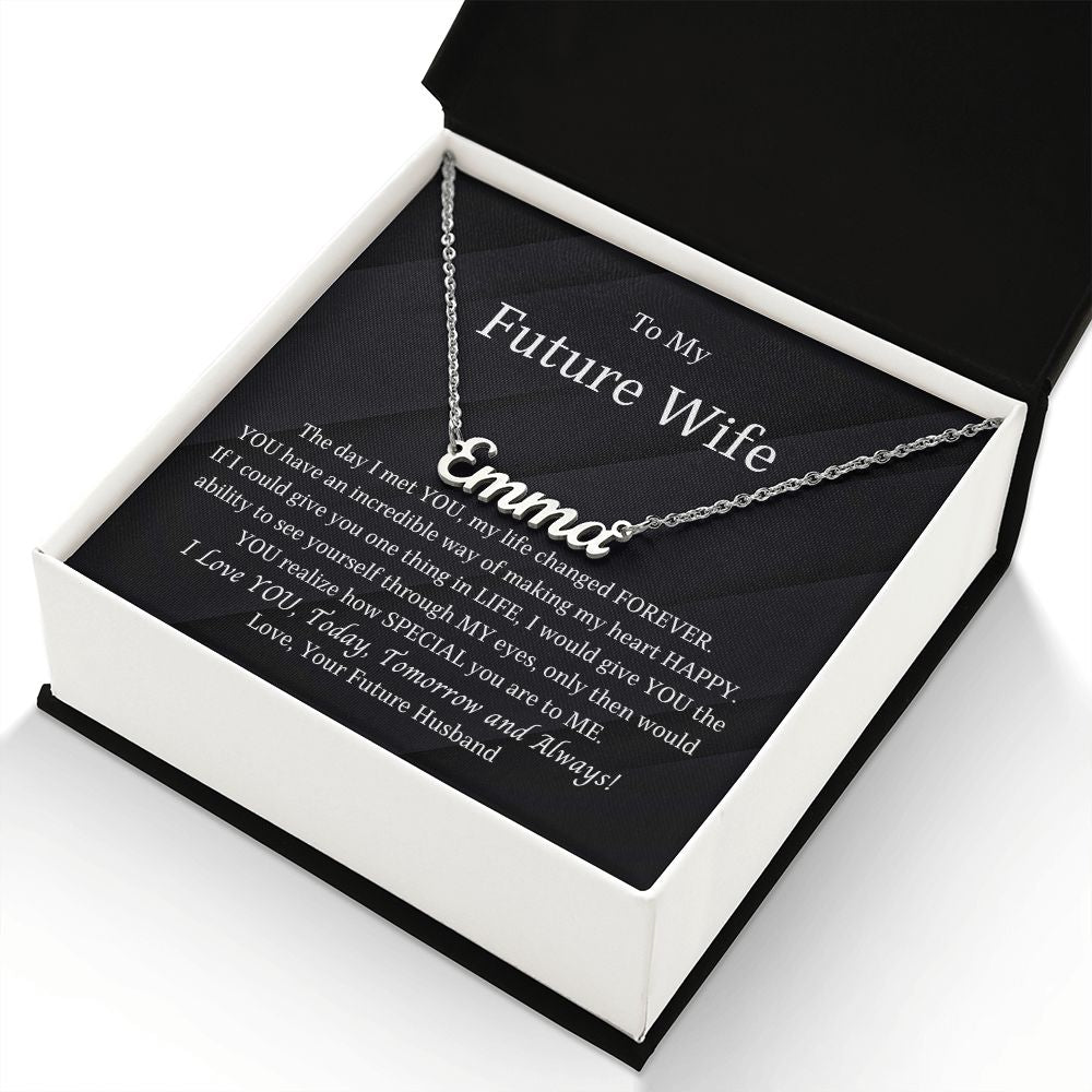 Custom name necklace with message card, gift for future wife for her birthday, valentines day, wedding day.