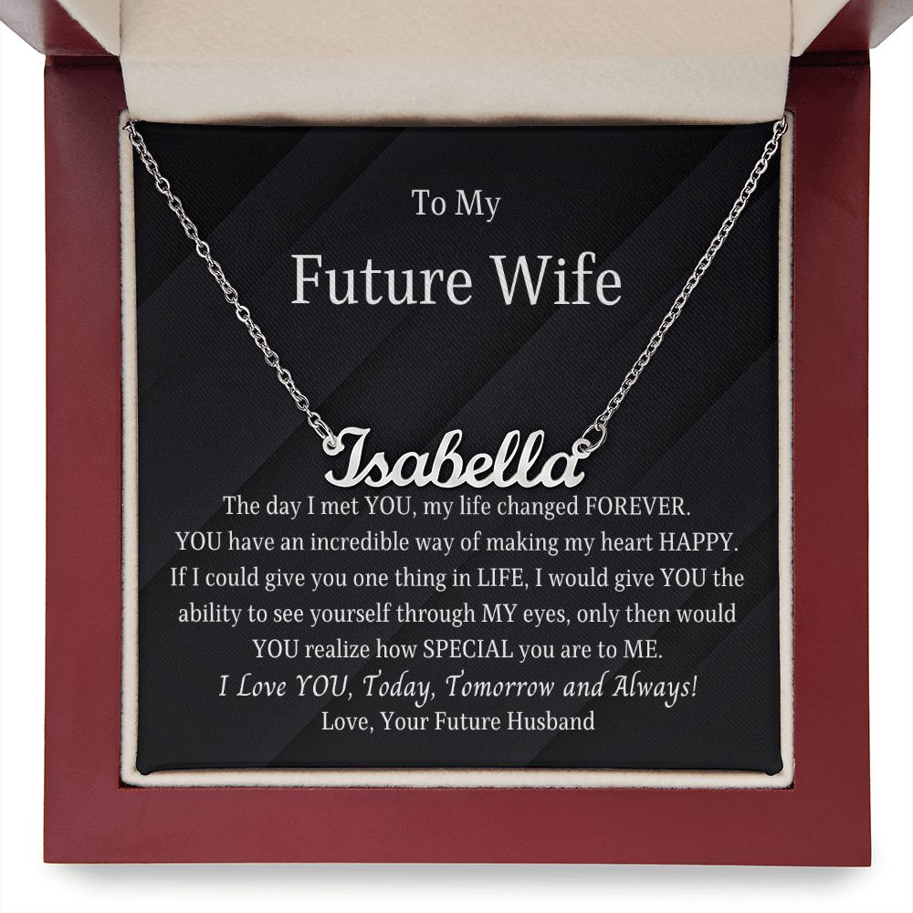 Custom name necklace with message card, gift for future wife for her birthday, valentines day, wedding day.